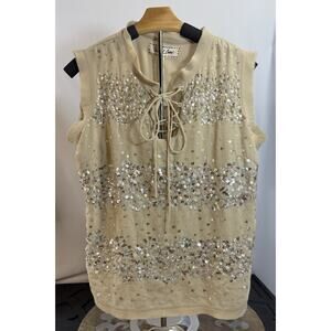 Sheryl Crow Cream Sequin Lace Up Top Boho‎ Festival Raw Edge Tank S